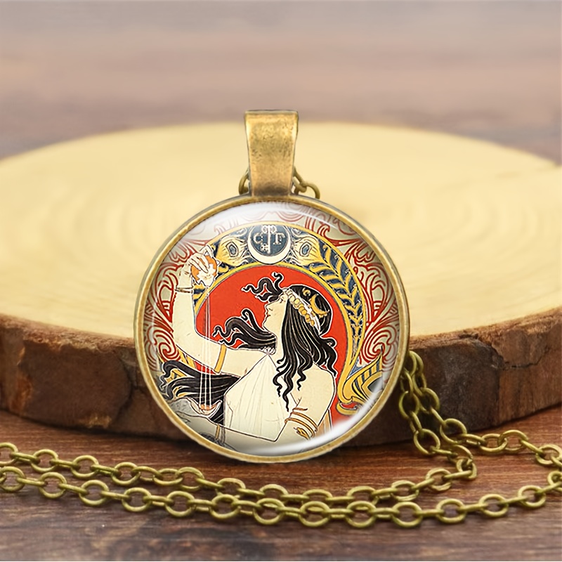 Brown Metal Classic Chain Necklace with Colorful Pattern Medallion
